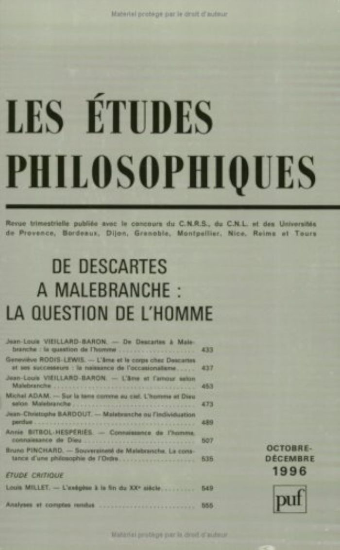 Couverture du livre « ETUDES PHILOSOPHIQUES 1996, N  4 - DE DESCARTES A MALEBRANCHE, LA QUESTION DE L'HOMME » de Xxx, librairie Les Contes Infusés à Corte
