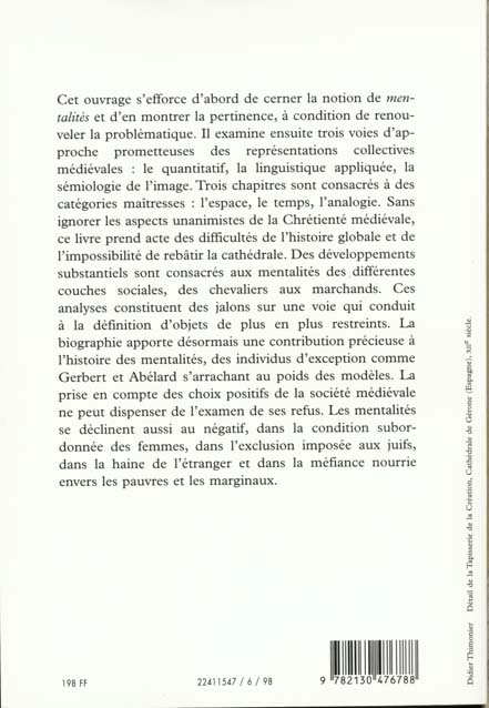Quatrième de couverture de « MENTALITES MEDIEVALES (XIE-XVE SIECLE). TOME 1 »