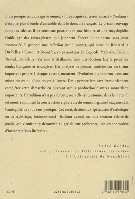 Quatrième de couverture de « EVOLUTION DU SONNET FRANCAIS »