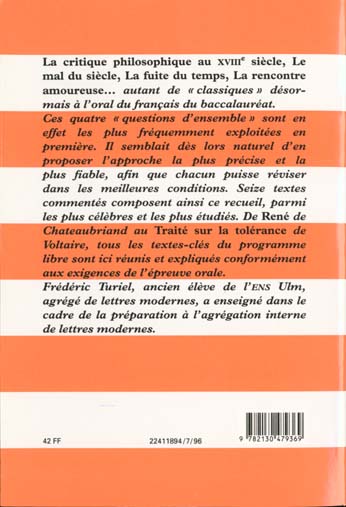 Quatrième de couverture de « L'ORAL DE FRANCAIS AU BACCALAUREAT »