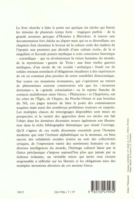 Quatrième de couverture de « LES GRECS ET LA MEDITERRANEE ORIENTALE. DES SIECLES OBSCURS A LA FIN DE L'EPOQUE ARCHAIQUE »