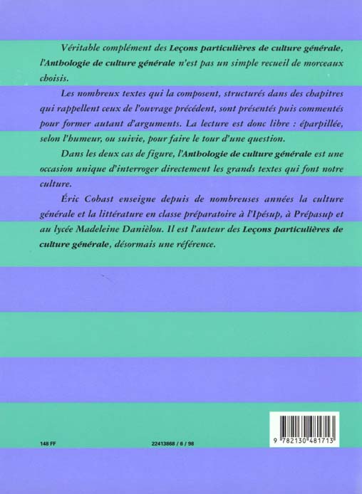 Quatrième de couverture de « ANTHOLOGIE DE CULTURE GENERALE »
