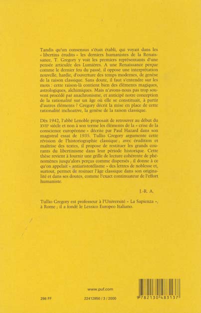 Quatrième de couverture de « GENESE DE LA RAISON CLASSIQUE, DE CHARRON A DESCARTES »