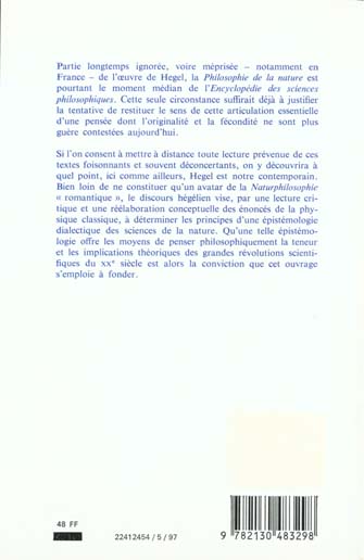 Quatrième de couverture de « HEGEL. LA PHILOSOPHIE DE LA NATURE »