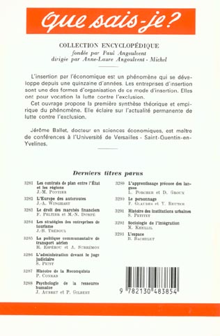 Quatrième de couverture de « LES ENTREPRISES D'INSERTION »