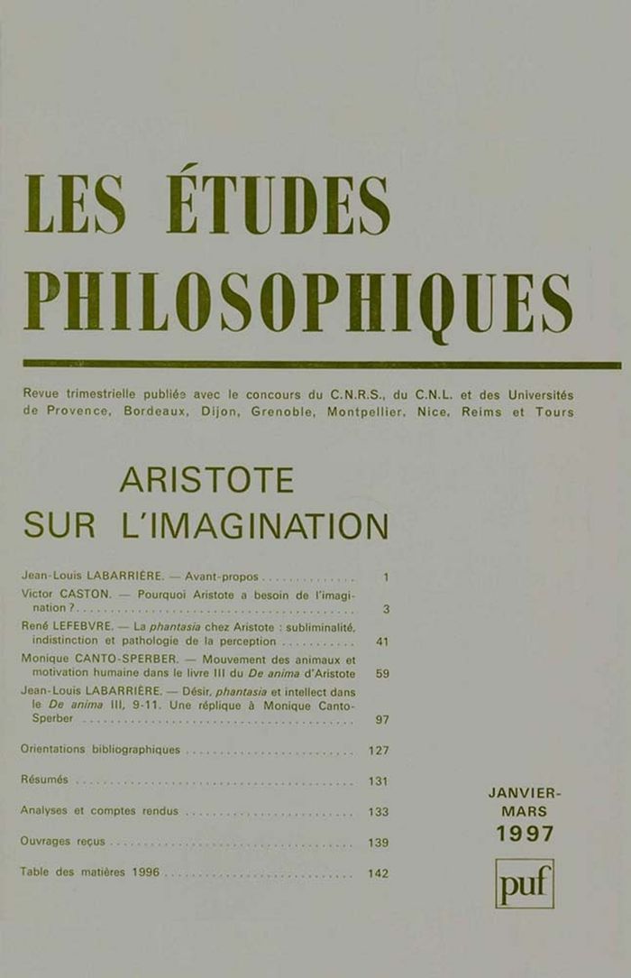 Couverture du livre « ETUDES PHILOSOPHIQUES 1997, N  1 - ARISTOTE. SUR L'IMAGINATION » de Xxx, librairie Les Contes Infusés à Corte