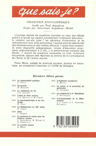 Quatrième de couverture de « SOCIOLOGIE DE L'EVALUATION SCOLAIRE »