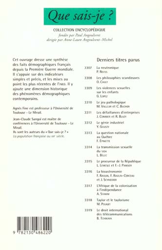 Quatrième de couverture de « LA POPULATION FRANCAISE AU XXE SIECLE »