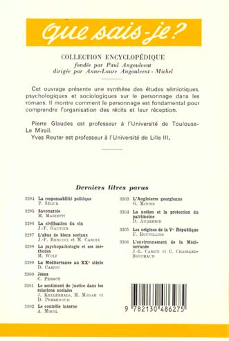 Quatrième de couverture de « LE PERSONNAGE »