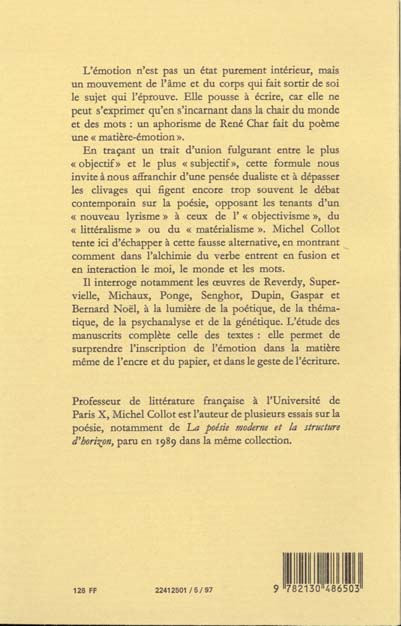 Quatrième de couverture de « LA MATIERE-EMOTION »