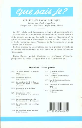 Quatrième de couverture de « LA MEDITERRANEE AU XIIE SIECLE »