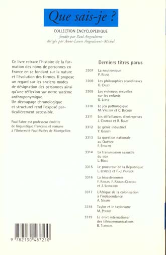 Quatrième de couverture de « LES NOMS DE PERSONNES EN FRANCE »