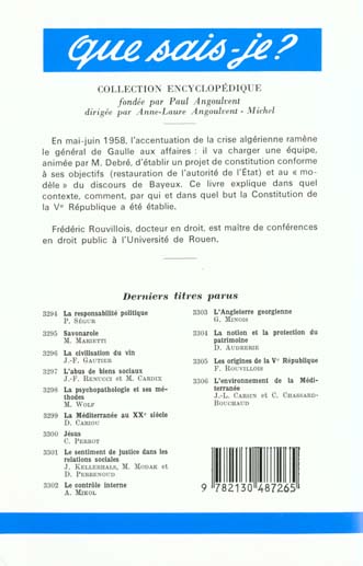 Quatrième de couverture de « LES ORIGINES DE LA VE REPUBLIQUE »