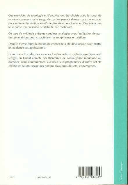 Quatrième de couverture de « EXERCICES DE MATHEMATIQUES SPECIALES - TOME 2 TOPOLOGIE, ANALYSE »