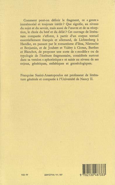 Quatrième de couverture de « L'ECRITURE FRAGMENTAIRE »