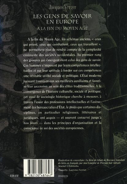 Quatrième de couverture de « LES GENS DE SAVOIR EN EUROPE A LA FIN DU MOYEN AGE »