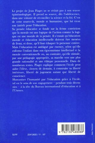Quatrième de couverture de « PIAGET ET L'EDUCATION »