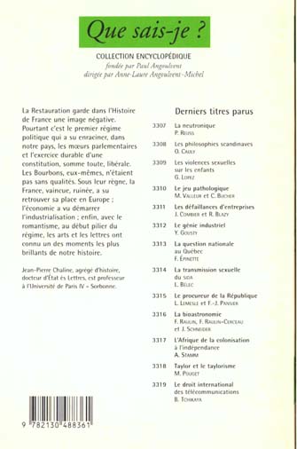 Quatrième de couverture de « LA RESTAURATION »