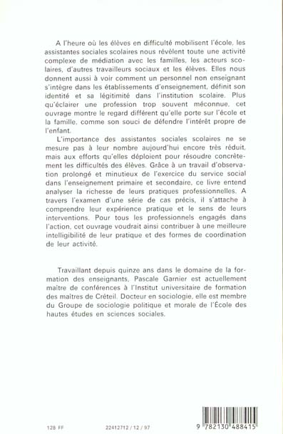 Quatrième de couverture de « LES ASSISTANTES SOCIALES A L'ECOLE »