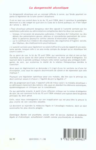 Quatrième de couverture de « LA DANGEROSITE ALCOOLIQUE »