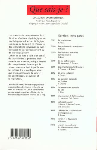 Quatrième de couverture de « L'ETHIQUE DANS LES SCIENCES DU COMPORTEMENT »