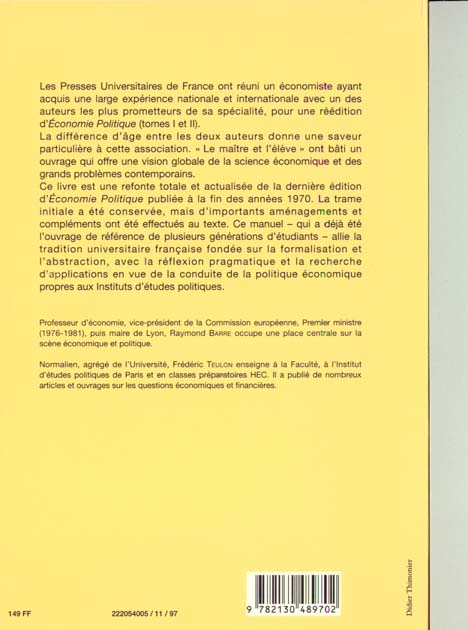Quatrième de couverture de « ECONOMIE POLITIQUE. TOME 1 »