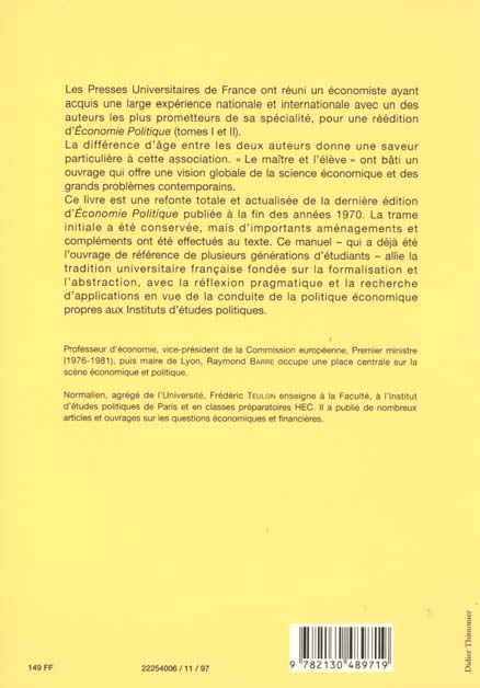 Quatrième de couverture de « ECONOMIE POLITIQUE. TOME 2 »