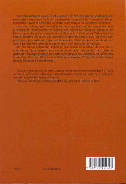 Quatrième de couverture de « L'AUTONOMIE DE L'ELEVE ET L'INTEGRATION DES REGLES EN EDUCATION PHYSIQUE »