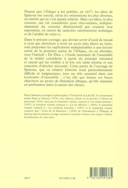 Quatrième de couverture de « INTRODUCTION A L'ETHIQUE DE SPINOZA. 1RE PARTIE »