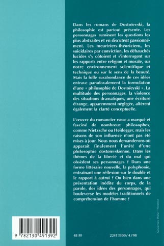 Quatrième de couverture de « DOSTOIEVSKI. ROMAN ET PHILOSOPHIE »