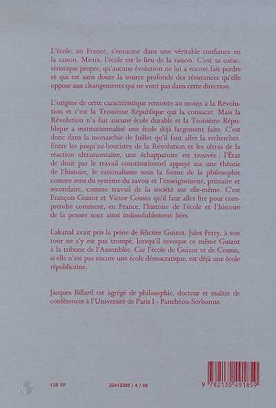 Quatrième de couverture de « DE L'ECOLE A LA REPUBLIQUE : GUIZOT ET VICTOR COUSIN »