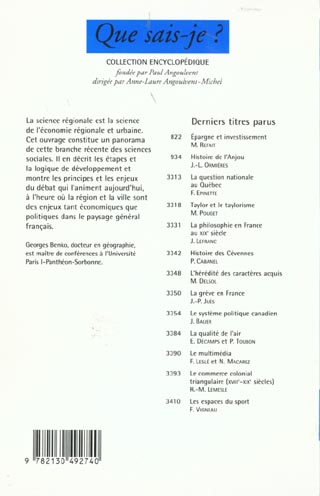 Quatrième de couverture de « LA SCIENCE REGIONALE »