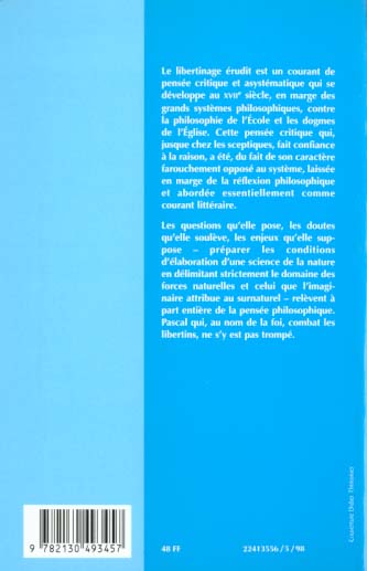 Quatrième de couverture de « LES LIBERTINS ERUDITS EN FRANCE AU XVIIE SIECLE »