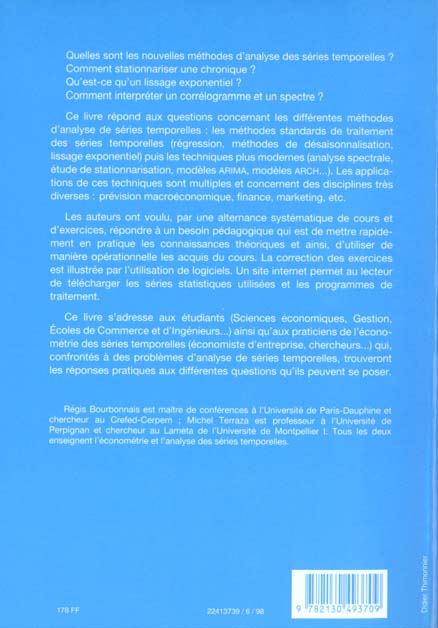 Quatrième de couverture de « ANALYSE DES SERIES TEMPORELLES EN ECONOMIE »