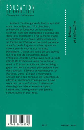 Quatrième de couverture de « ARISTOTE ET L'EDUCATION »