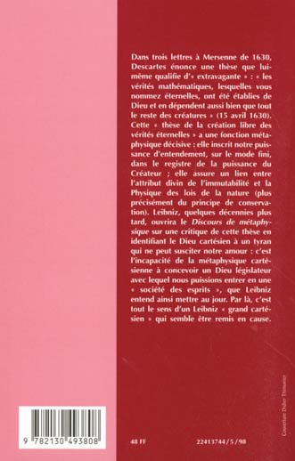 Quatrième de couverture de « DESCARTES, LEIBNIZ. LES VERITES ETERNELLES »