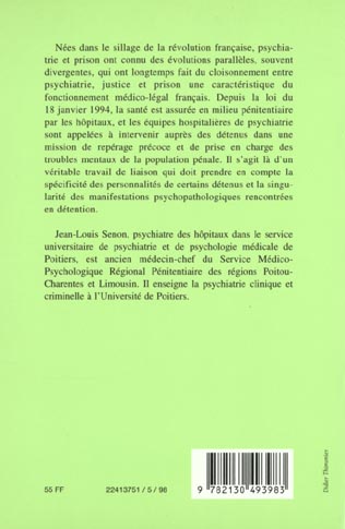 Quatrième de couverture de « PSYCHIATRIE DE LIAISON EN MILIEU PENITENTIAIRE »