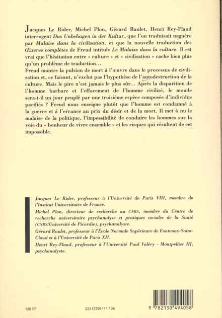 Quatrième de couverture de « AUTOUR DU  MALAISE DANS LA CULTURE  DE FREUD »