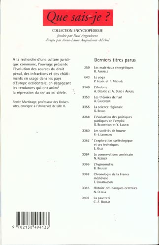 Quatrième de couverture de « HISTOIRE DU DROIT PENAL EN EUROPE »