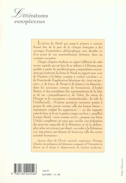 Quatrième de couverture de « MUSIL ET LA LITTERATURE EUROPEENNE »