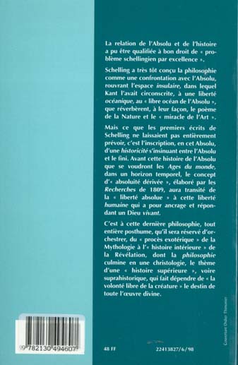 Quatrième de couverture de « SCHELLING. DE L'ABSOLU A L'HISTOIRE »