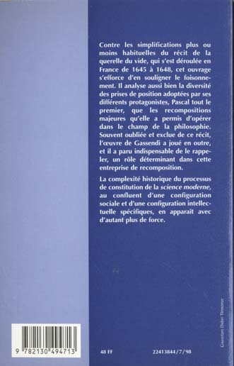Quatrième de couverture de « GASSENDI PASCAL ET LA QUERELLE DU VIDE »