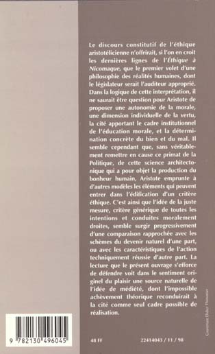 Quatrième de couverture de « ARISTOTE ET LA JUSTE MESURE »