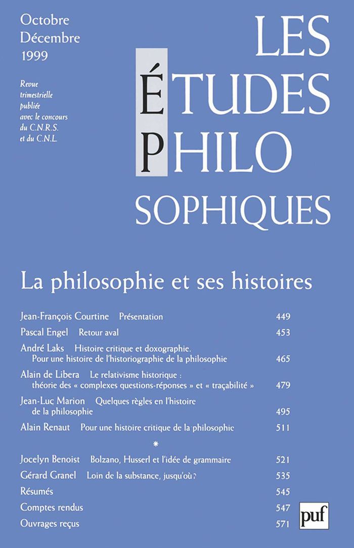 Couverture du livre « ETUDES PHILOSOPHIQUES 1999, N  4 - LA PHILOSOPHIE ET SES HISTOIRES » de Xxx, librairie Les Contes Infusés à Corte