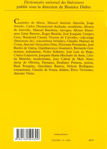 Quatrième de couverture de « DICTIONNAIRE DE LITTERATURE BRESILIENNE »