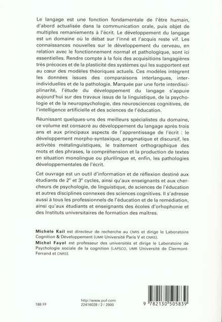 Quatrième de couverture de « L'ACQUISITION DU LANGAGE. VOLUME II - LE LANGAGE EN DEVELOPPEMENT. AU-DELA DE 3 ANS »