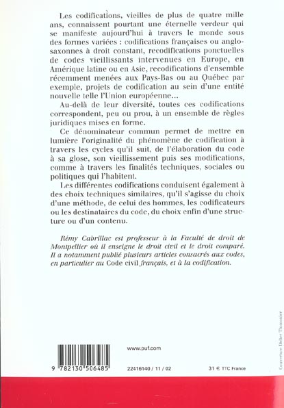 Quatrième de couverture de « LES CODIFICATIONS »