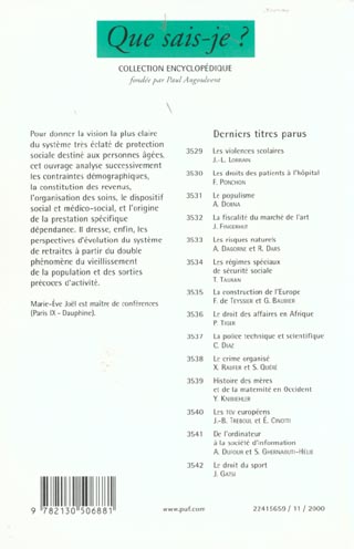 Quatrième de couverture de « LA PROTECTION SOCIALE DES PERSONNES AGEES »