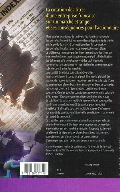 Quatrième de couverture de « LA COTATION DES TITRES D'UNE ENTREPRISE FRANCAISE SUR UN MARCHE ETRANGER ET SES CONSEQUENCES »