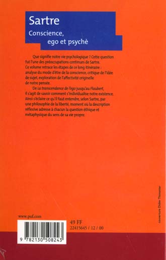 Quatrième de couverture de « SARTRE. CONSCIENCE, EGO ET PSYCHE »